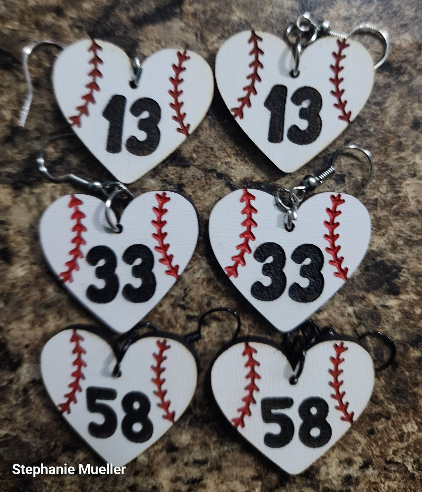 Baseball heart earrings with your favorite player's jersey number