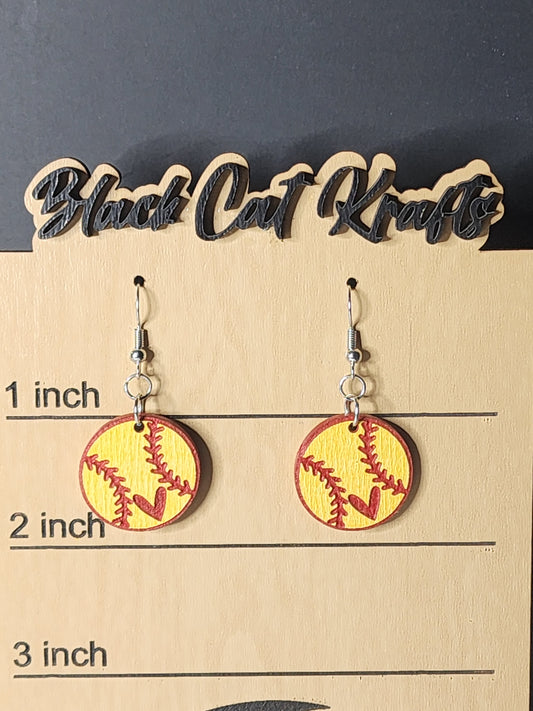 Handmade Softball Earrings with Heart